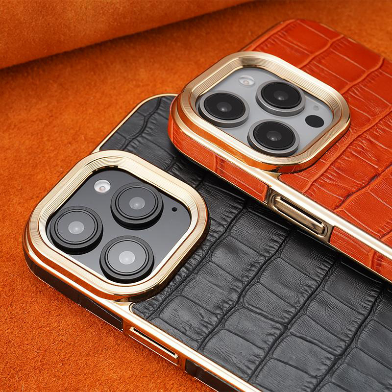 Ốp lưng iPhone 16 Pro Max vân da cá sấu mạ điện, bao toàn bộ chống rơi, phong cách sang trọng — [Màu đen★Da bò vân cá sấu] viền mạ điện, [Màu nâu vàng★Da bò vân cá sấu] viền mạ điện, 【Màu tím sẫm★Da bò vân cá sấu] viền mạ điện, 【Xanh lục con công★Da bò vân cá sấu] viền mạ điện chi tiết 5