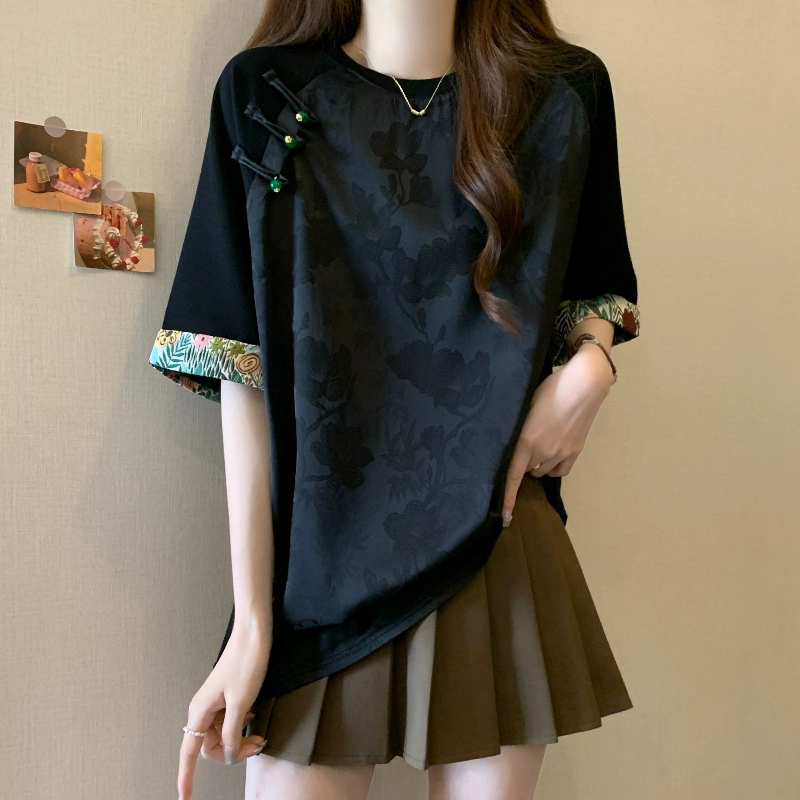 Высококачественная ацетатная атласная жаккардовая футболка с короткими рукавами для женщин, летняя футболка больших размеров, новый топ реглан на пуговицах в национальном стиле в стиле шинуазри