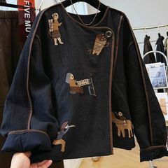 重工刺绣圆领短款外套女2025秋季新款宽松百搭夹克上衣黑色雪尼尔