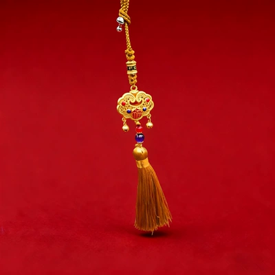 Car hanging: Good Luck and Safety, New - peace-lock-yellow-tassel