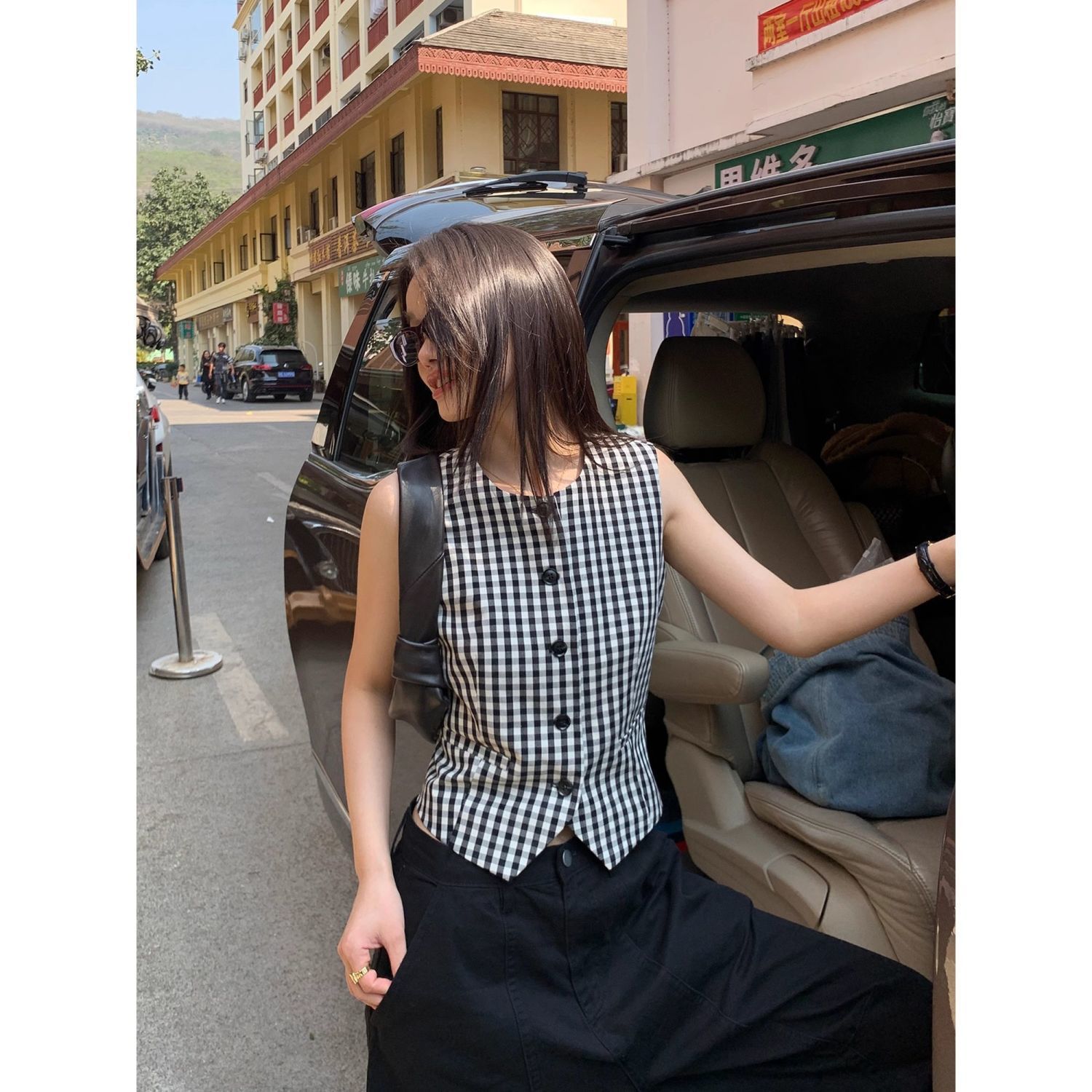 Retro Accent | Black and White Plaid Vest for Women, Niche Design, Round Neck, Waist-Cinching Vest, Plaid Vest for Summer