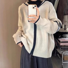 韩版慵懒风卫衣软糯拉链针织上衣2025秋冬新款连帽毛衣外套女开衫