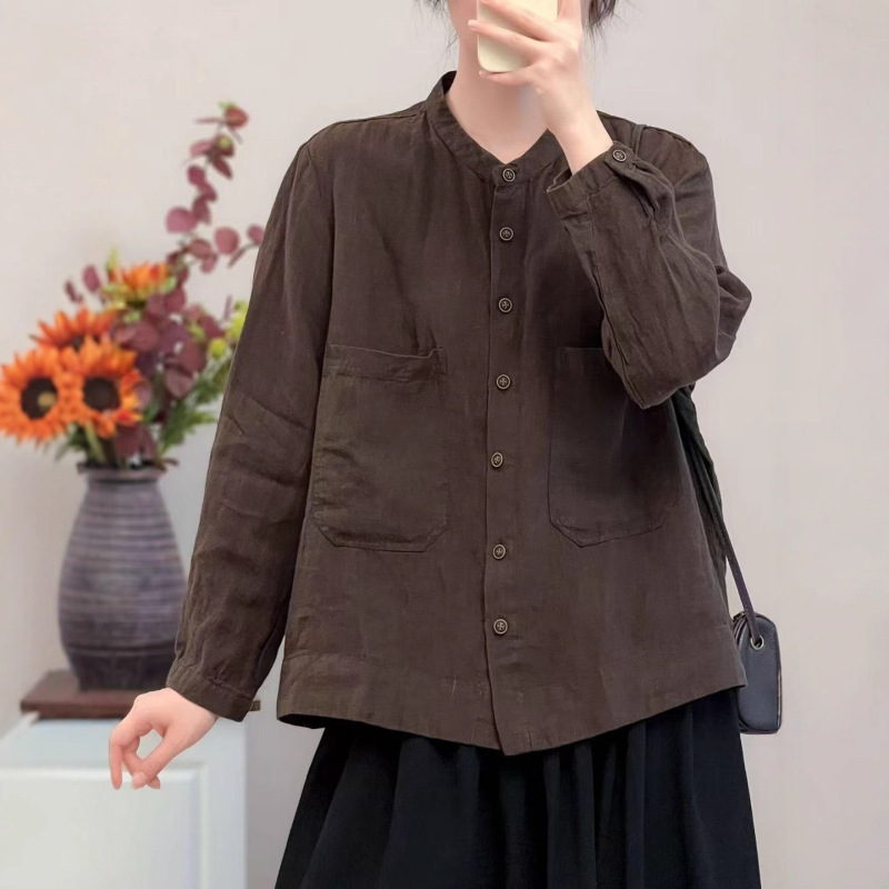 2025秋季新款 亚麻圆领长袖衬衫 文艺休闲宽松单排扣女衬衣外套|undefined