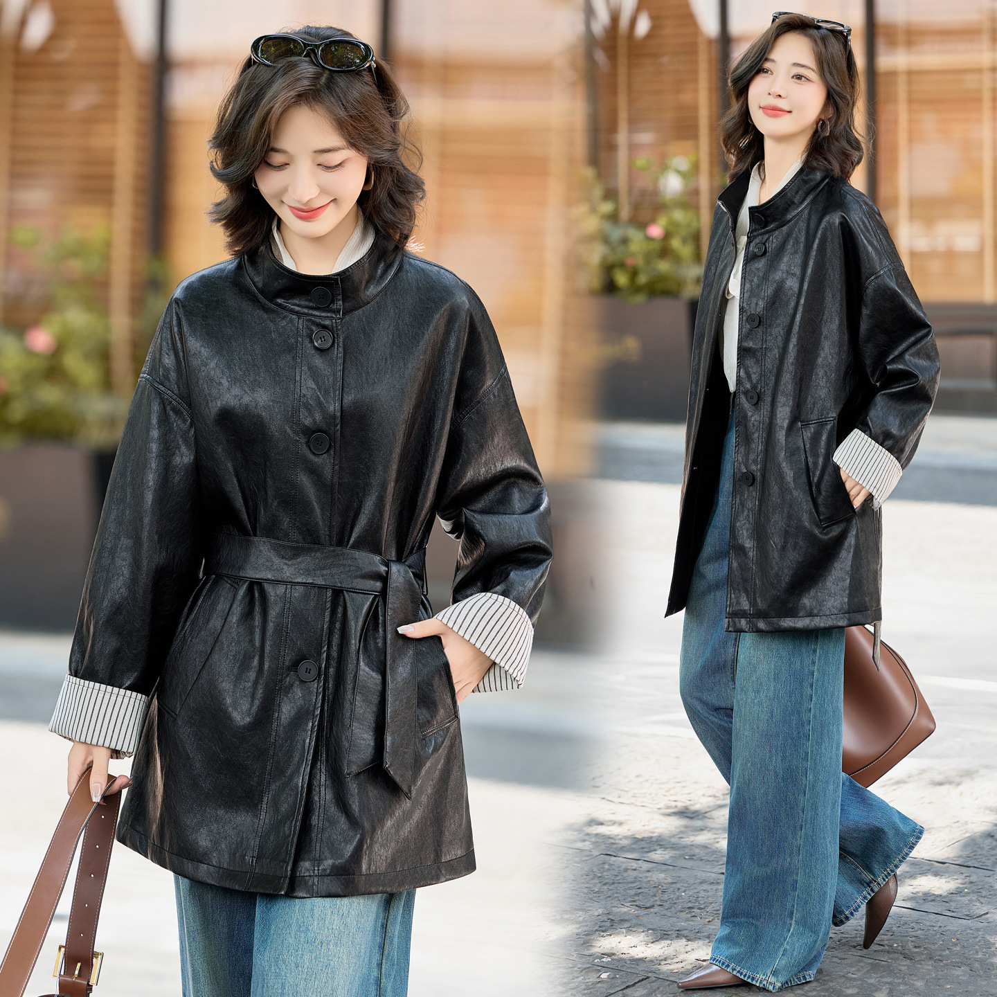 High-End Autumn and Winter Genuine Leather Mid-Length Leather Windbreaker for Women 2025 New Loose Lace-Up Fashion Jacket Women's Motorcycle Jacket