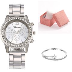 工廠源頭直銷石英表鑲鑽奢華鋼帶女士禮盒套裝百搭休閒時裝手腕錶