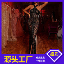 2025夏欧美外贸女装新款礼服独立站亚马逊无袖挂脖亮片流苏连衣裙