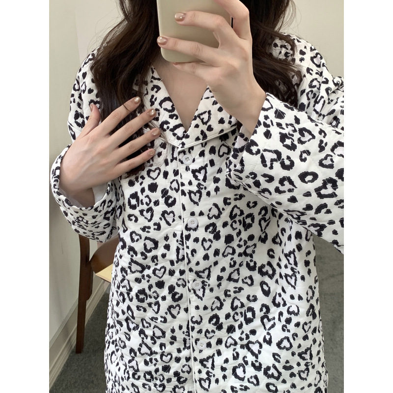 Real Shot of 2025 Korean Winter Quilted Warm Cotton Leopard Print Lapel Home Wear Pajamas Set Foreign Trade Wholesale