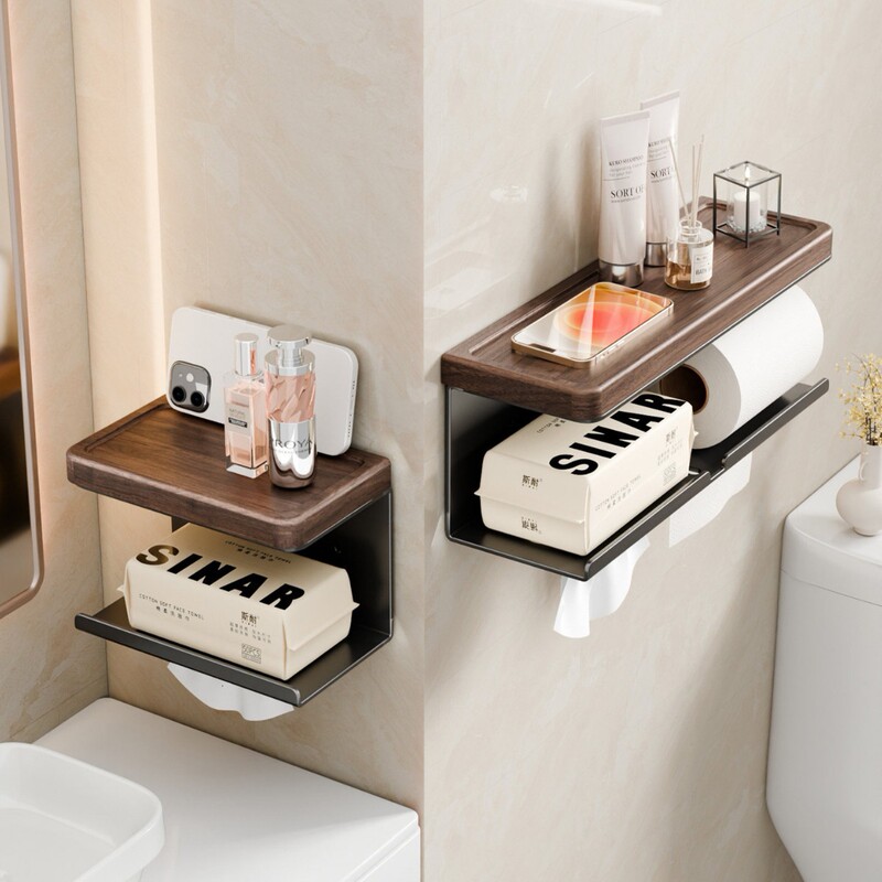 Imitation Wood Grain Bathroom Tissue Box Wall-Mounted High-End Tissue Holder Toilet Paper Storage Rack
