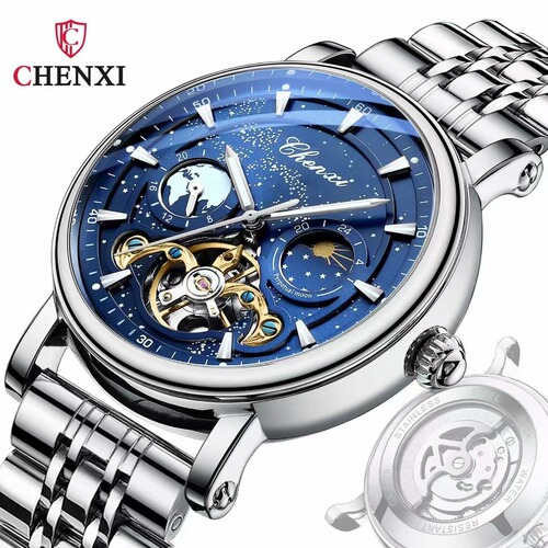 CHENXI Dawn Galaxy Moon Phase Skeleton Tourbillon Mechanical Watch Luminous Business Fully Automatic Mechanical Watch Men's Watch