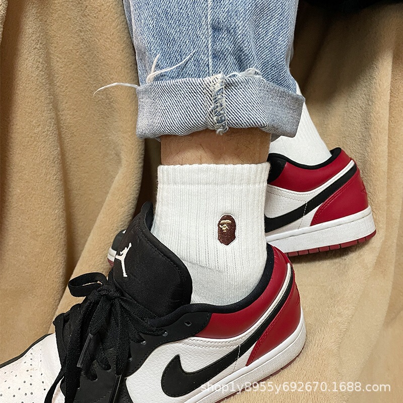 Japanese Bape Ape Head Embroidered Socks Towel Bottom Sports Style Solid Color Unisex Mid-High Tube Basketball Versatile Trendy Socks