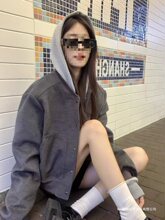 复古连帽拼接短款夹克外套女秋冬酷飒风外套感宽松棒球服上衣