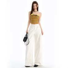 米白色棉制高腰弯刀阔腿牛仔裤女2025夏季新款时尚显瘦垂感拖地裤