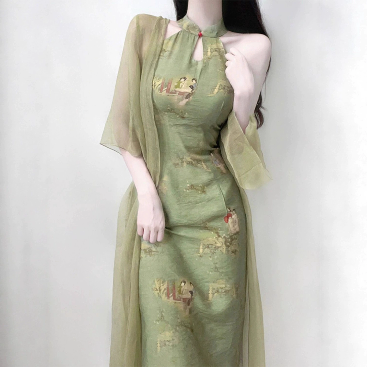 Лето 2025, новая женская одежда в китайском стиле, костюм из двух предметов в национальном стиле, улучшенное платье Cheongsam для девочек, молодежное платье с бретелькой на шее