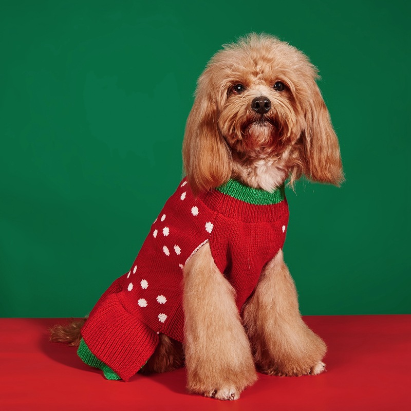 Weihnachtsurlaub Haustier Winterkleidung Gestrickter roter Weihnachtsbaum Weiß gepunkteter Doppelrock Pom Pom Pullover Kleid_voghion.com