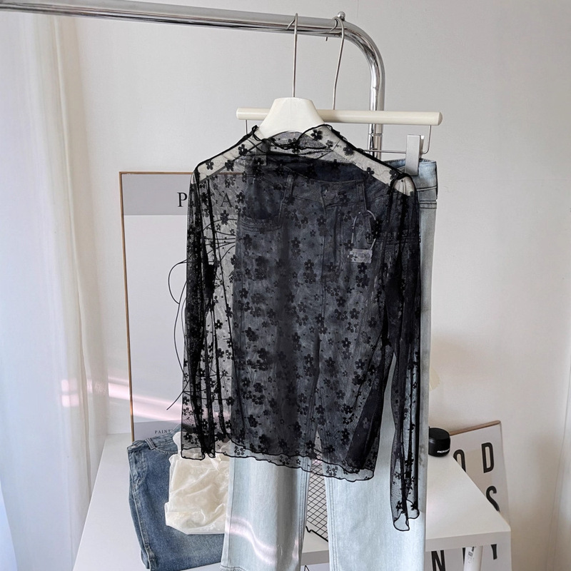 French-Style Half-High Collar Ruffled Floral Lace Base Shirt for Women, Plum Blossom Korean Layered Inner Gauze Top 6466