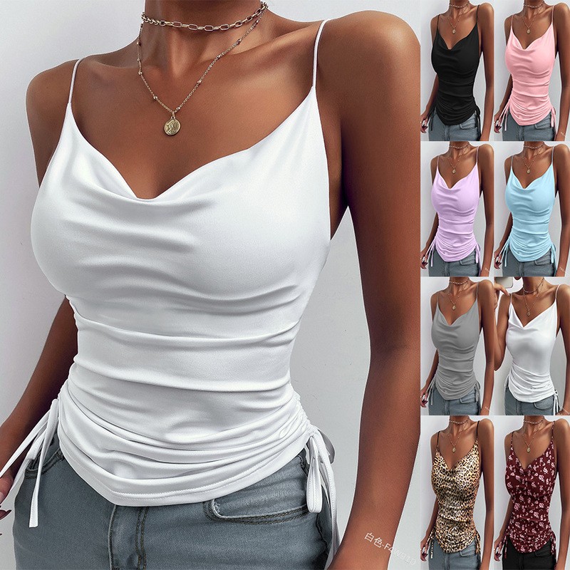 2025 Foreign Trade European and American Summer Printed Camisole Solid Color Deep V-Neck Camisole Tight Drawstring Casual Tank Top Women's Clothing 2025 Foreign Trade European and American Summer Printed Camisole Solid Color Deep V-Neck Camisole Tight Drawstring Casual Tank Top Women's Clothing