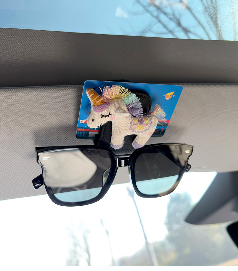 Cute Cartoon Pony Car Glasses Holder Car Sun Visor Multifunctional Card Sunglasses Holder Car Interior Accessories