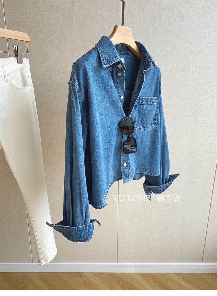 Blogger accent ~ fashionable simple Joker high-end embroidery pocket cotton short denim shirt ladies 22 Spring 2493