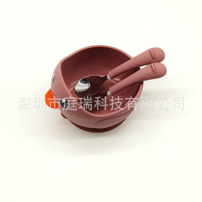 Cuenco de silicona pato suplemento alimenticio Tazón traje 316 tenedor cuchara lindo pollo lechón tazón de bebé resistente a la caída Tazón de cuchara traje