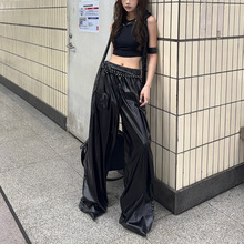 跨境欧美风2025冬季新款女装PU皮阔腿裤高腰垂感直筒宽松休闲裤