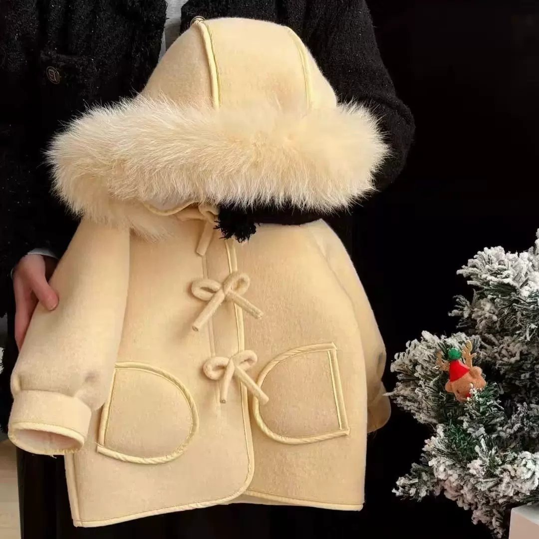 2024冬季韩版女宝宝过年童装女童蝴蝶结加绒连帽毛呢大衣温暖绒感