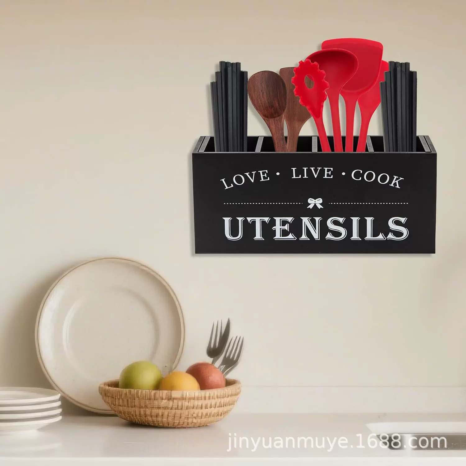 跨境木质餐具架厨房用具收纳盒乡村风格烹饪用具收纳架厨房装饰品