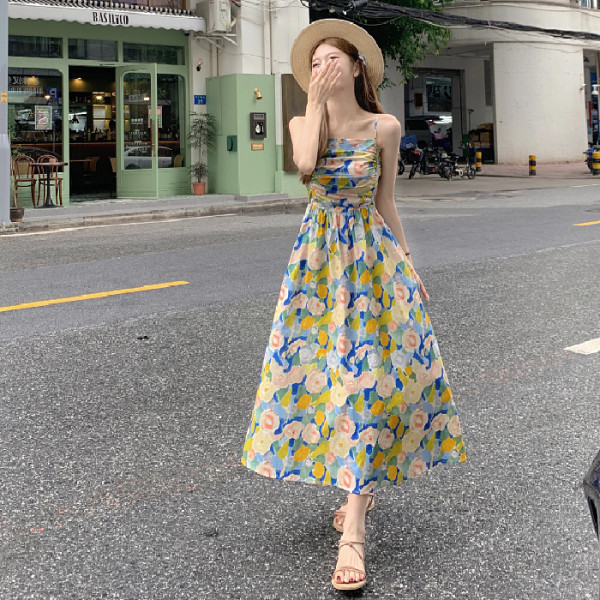 French Vintage Oil Painting Floral dress Children's Summer suit 2025 New Seaside Holiday Beach Sling Long Dress