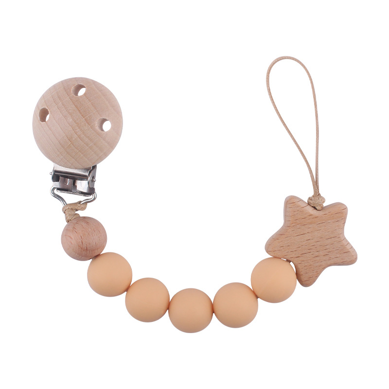 Nuevo bebé haya chupete clip calmante bebé cuentas de silicona estrella de haya de dibujos animados cadena de chupete cadena anti-gota