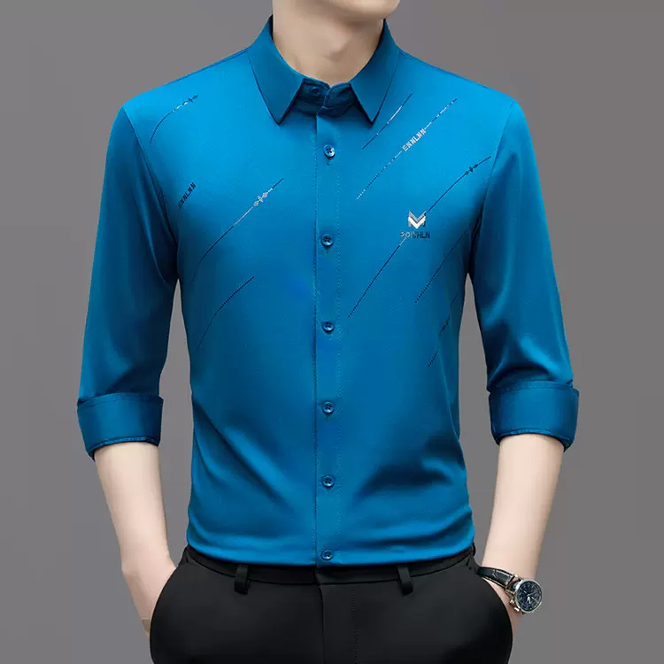 跨境外贸弹力薄款长袖衬衫男士春秋季中年印花爸爸装宽松衬衣男装