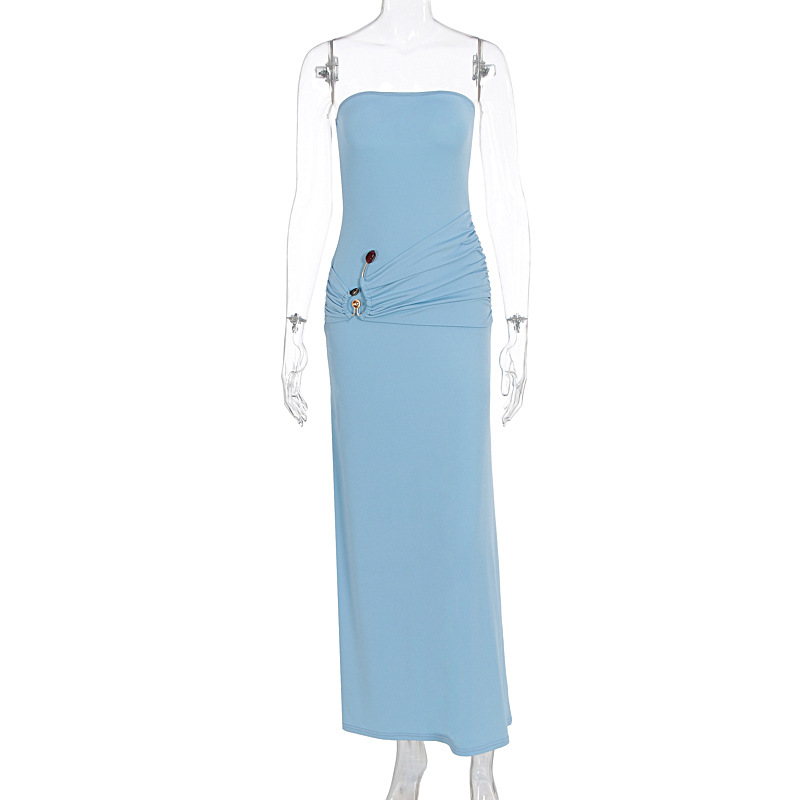 Women's Clothing Metallic Twist Strapless Long Skirt For Women Bodycon Slim Fit High Elasticity Solid Color Style_ecoleips.com