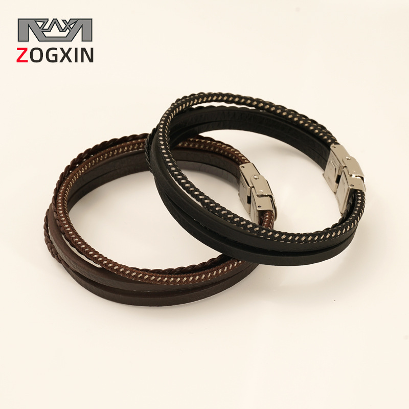 Nuevo pulsera de cuero trenzada de cuerdas al por mayor Europa y América moda hombre pulsera de cuero de acero inoxidable personalidad pulsera de cuero multicapa