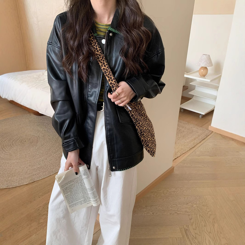 New Green Line Shell Embroidered Leather Coat Women's 2025 Spring and Autumn New Korean-style Outer Wear Commuting Jane Western-style Motorbike Suit