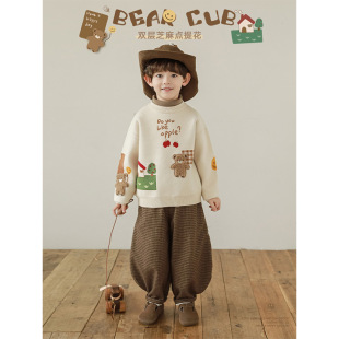 Wuri Boys' 2024 New Long Sleeve Round Neck Cartoon Bear Sweater Winter Children's Loose Warm Sweater