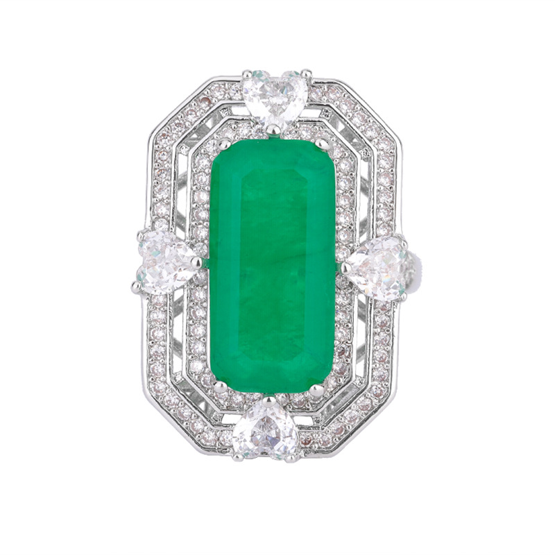 Zhuang Sheng joyería de cobre chapado en oro anillo Esmeralda artificial collar traje creativo completo diamante con incrustaciones 8*16