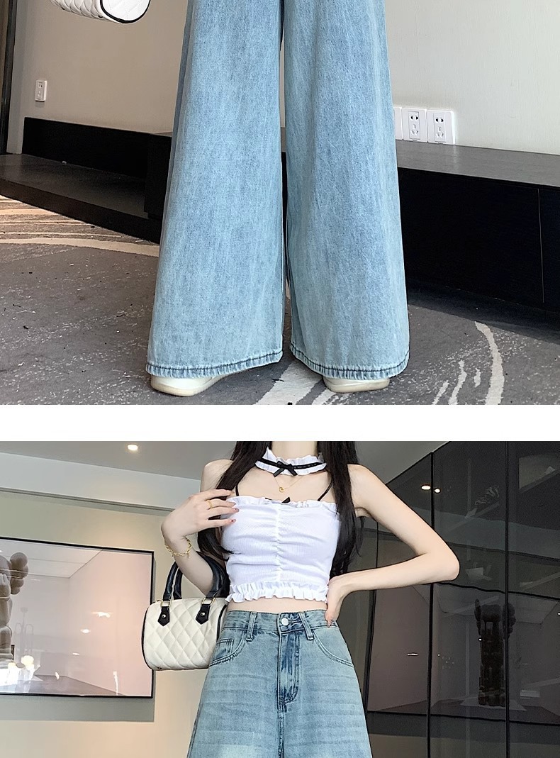 Women's Summer Thin Light Blue Wide Leg Jeans High Waist Slimming Loose Fit Straight Leg Floor Length Pants Plus Size_ecoleips.com