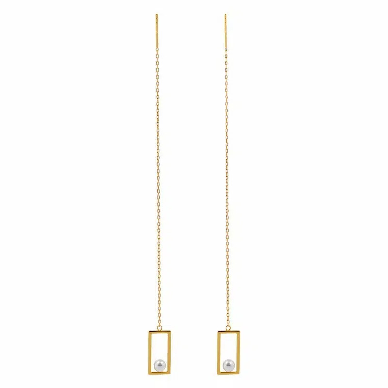 S925 plata esterlina chapada 14k oro rectangular perla orejas de cadena de cruz de mujer larga cara delgada orejas de bordillo coreano image 5