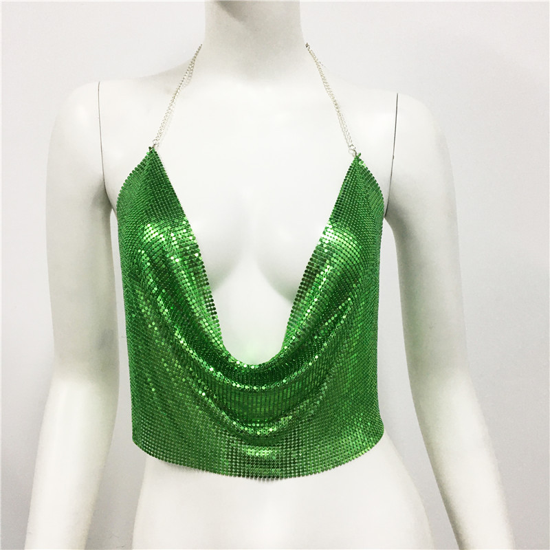 140g Weight Metal Fabric Type Short Top Length Wrap Crop Top Tops Type Party, Stage Occasion Halter Neck Neckline Slim Fit Type Solid Color Pattern Summer Season Women'S Gender Sequins Design Sexy Style Wholesale Women'S Sexy Solid Color Sequins Tank Tops 1
