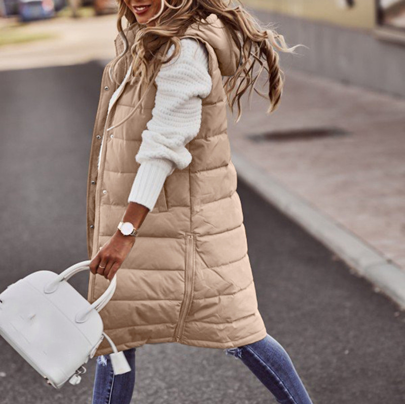 Europa y América nueva moda casual Chaqueta de algodón acolchado de color sólido con capucha chaleco Delgado elegante cardigan sin mangas abrigo de longitud media para las mujeres image 5