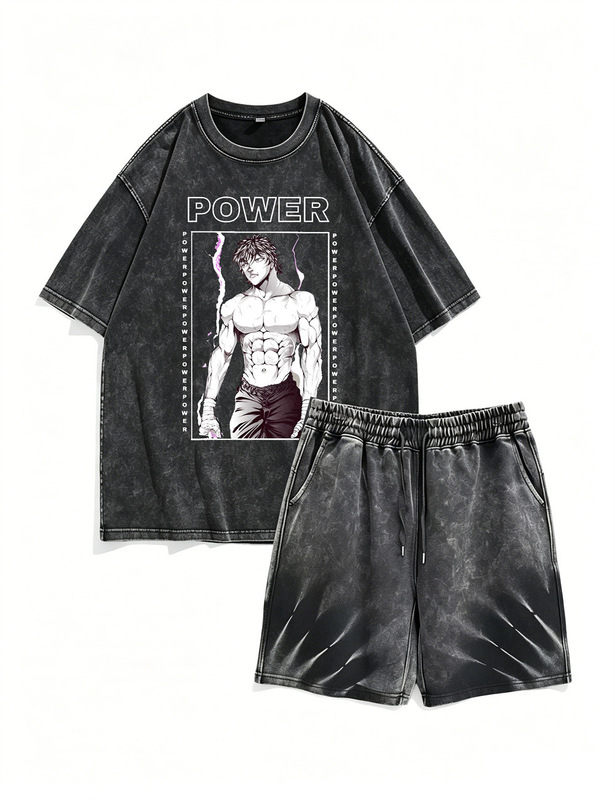 Baki Hanma T Shirt Washed Vintage Short Sleeve Cotton Shorts Set Japanese Anime Trendy T-Shirt Baki Hanma T Shirt Washed Vintage Short Sleeve Cotton Shorts Set Japanese Anime Trendy T-Shirt