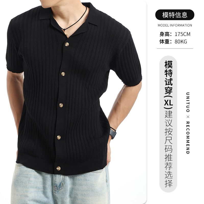 El estilo antiguo de la ventana de los hombres con solapa de seda de hielo polo de punto cardigan ligero de lujo texturas relajadas ropa de hombre casual camisa de manga corta hombre