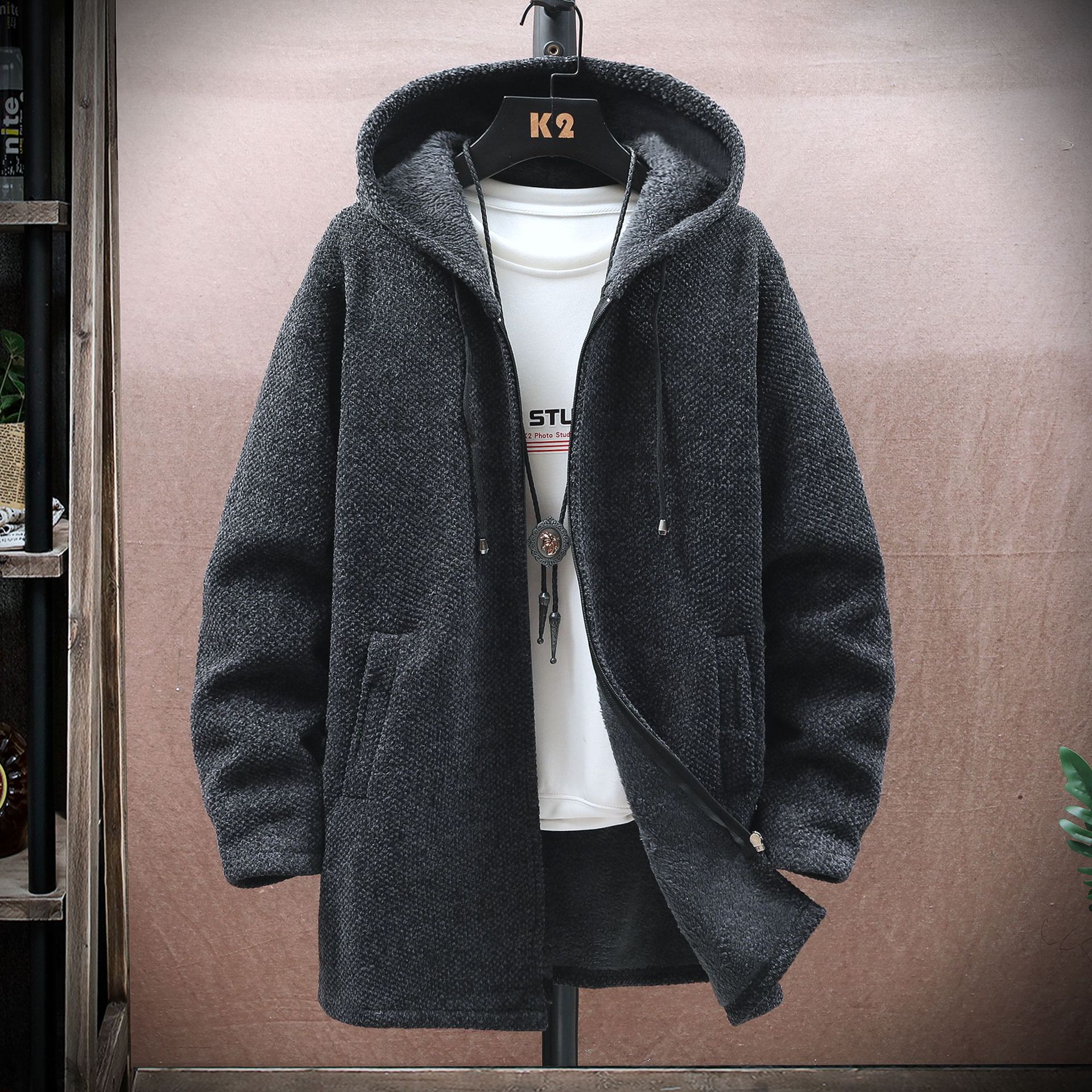 Pull long à capuche en chenille pour homme – Pull en tricot coupe slim doublé polaire avec ourlet côtelé_voghion.com