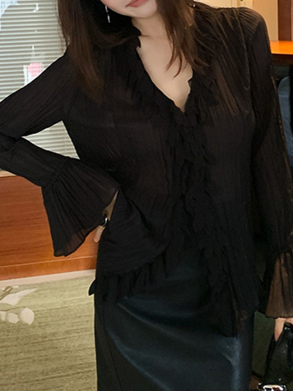 温柔法式花瓣v领蓝色女士衬衫2025年早秋新款高级设计感长袖上衣|undefined