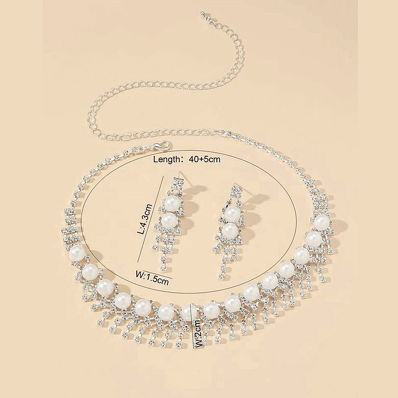1 Set Fashion Tassel Imitation Pearl Rhinestone Women's Earrings Necklace display picture 3