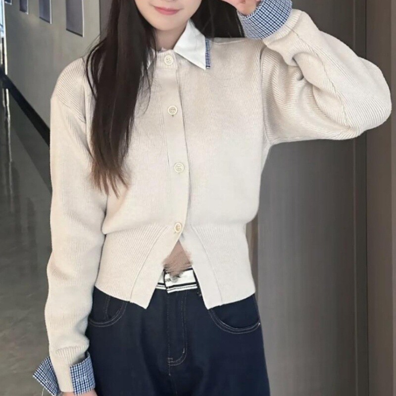 复古学院风假两件拼接衬衫领针织开衫女秋季宽松显瘦休闲百搭上衣|undefined