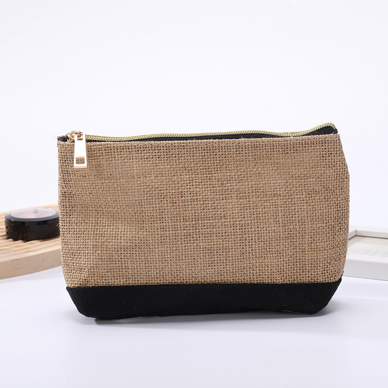 Portable jute zipper coin purse, letter printed makeup storage toiletry bag, key bag_voghion.com