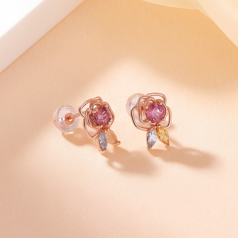 Bông tai bạc S925 mạ vàng hồng đính đá tourmaline hình hoa hồng nhỏ xinh — Một đôi