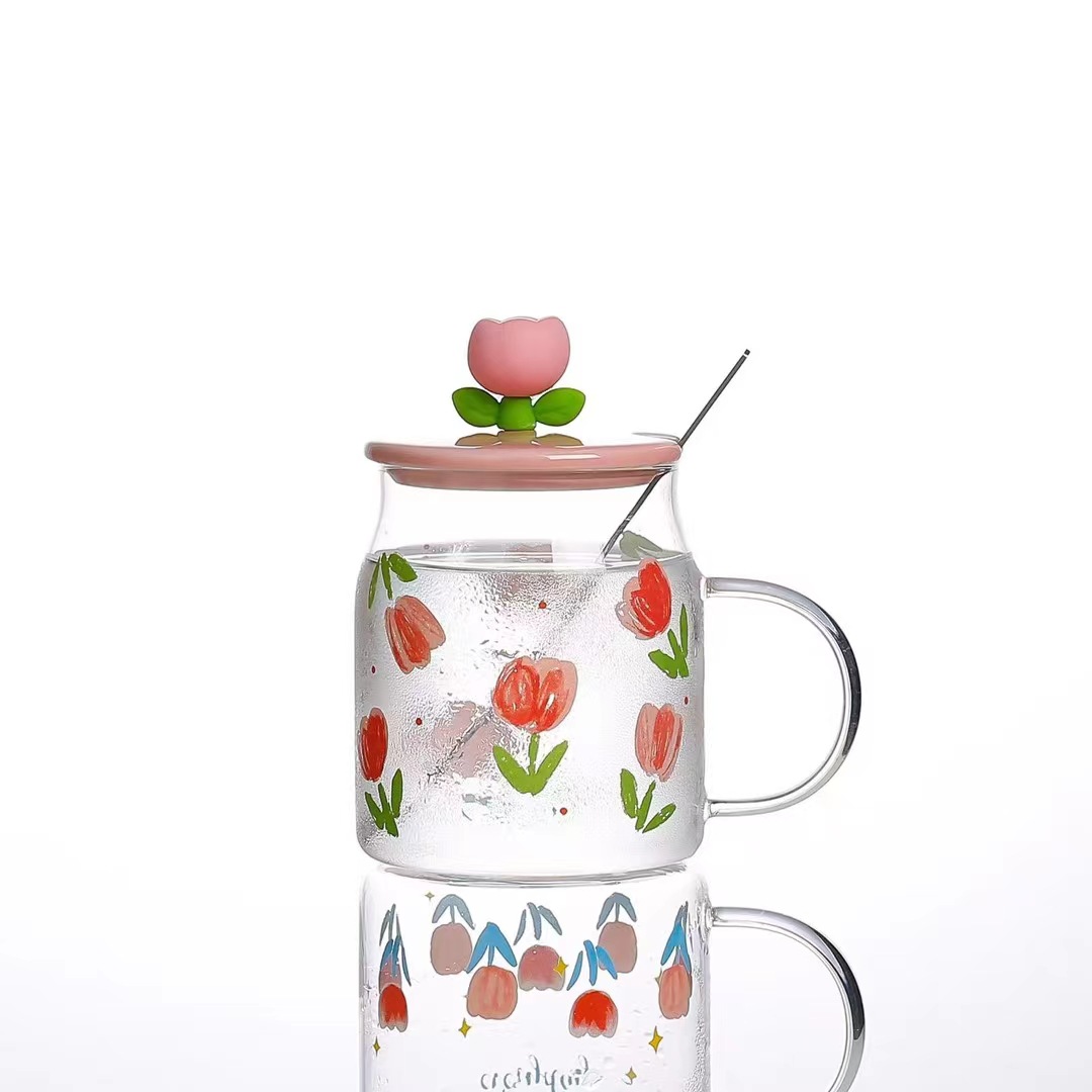 Chica corazón personalidad tulipán vidrio taza de agua con mano regalo Oficina taza de café flor fresca taza