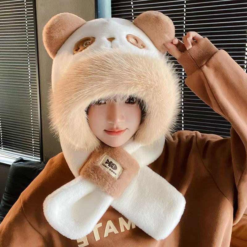 可爱卡通熊猫帽子围巾手套一体女秋冬毛绒保暖加绒加厚帽子三件套|undefined