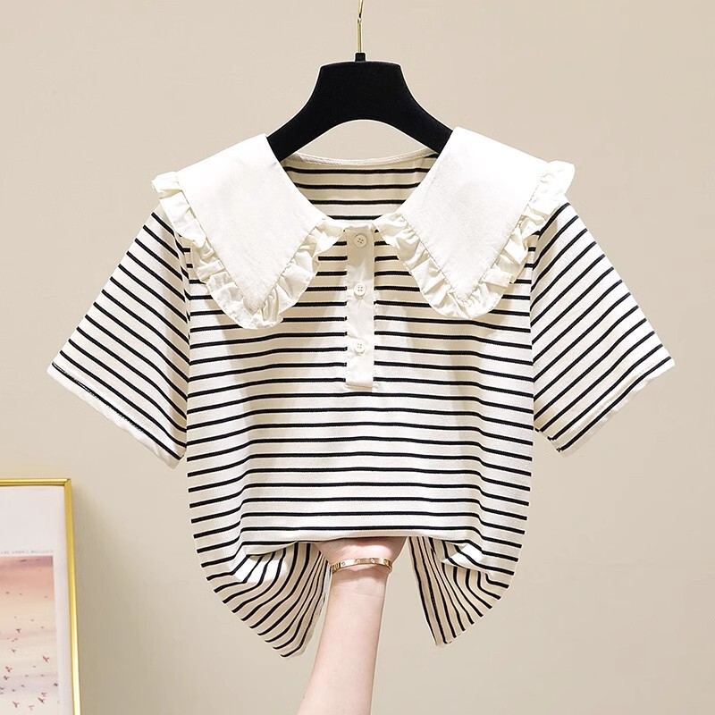 Girl's Doll Collar Short-sleeved T-shirt Girl's Summer 2025 New Junior High School Student Striped Lace Top Girl's Doll Collar Short-sleeved T-shirt Girl's Summer 2025 New Junior High School Student Striped Lace Top