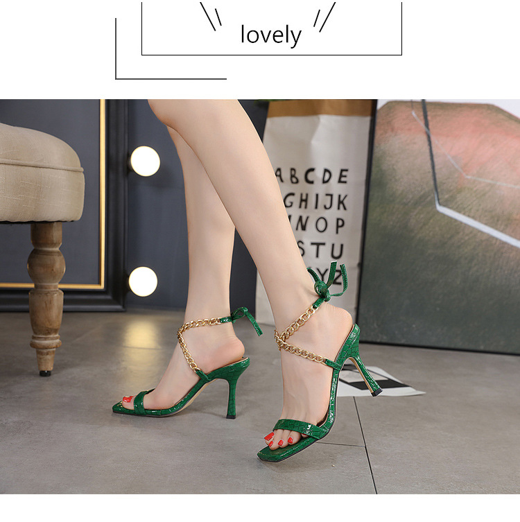 new women s metal chain cross square head print high-heeled sandals nihaostyle clothing wholesale NSSO68789